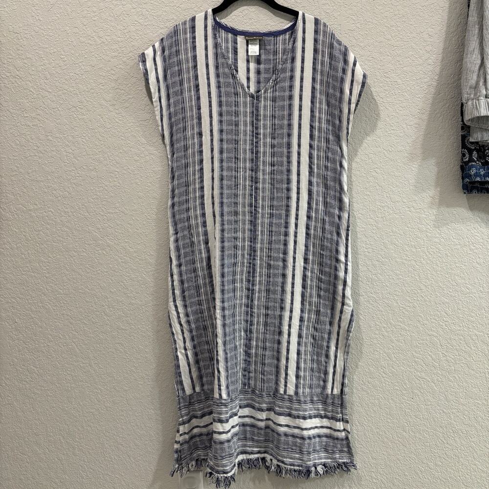 Tommy Bahama Womens M Blue White Stripe Cotton Cover Up Fringe Midi Dress